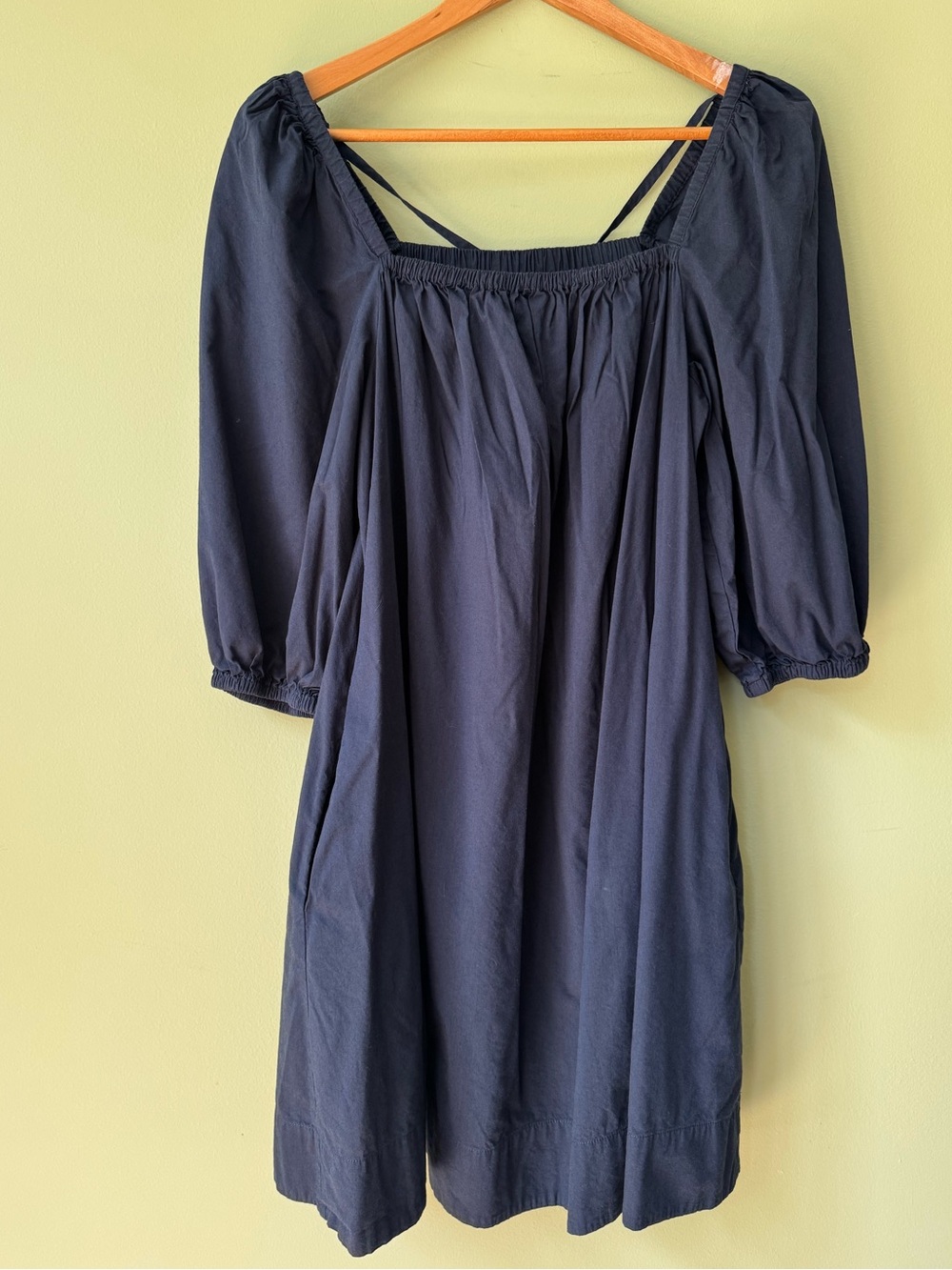 Madewell NWOT Square-Neck Puff-Sleeve Mini Navy Blue Babydoll Pockets Boho Dress